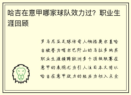 哈吉在意甲哪家球队效力过？职业生涯回顾